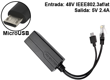 Adaptador Balun Extensor Poe Splitter Rj45 + Micro Usb Por Utp - Entrada 48v Poe Pasivo A Salida 5v 2.4a Micro Usb - 10 100mbps