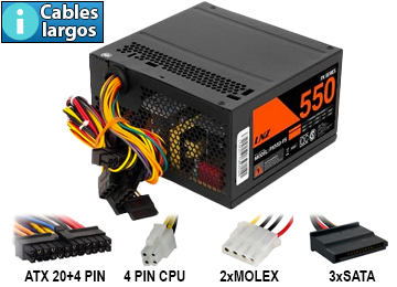 Fuente Lnz 550w Fb550-Lx +12v 32a 1x24pines 40cm 1x4pines 40cm 3xsata 2xmolex 50cm Cables Largos
