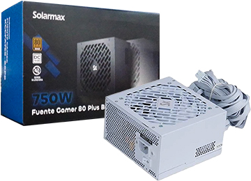 Fuente Solarmax 750w 80 Plus Bronze 1x24pines 2x8pines(4+4) 2x8pinespcie(6+2) 4xsata 3xmolex +12v 62.5a Blanca