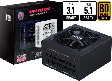 Fuente Raptor Volt 800w 80 Plus Gold Full Modular +12v 58a Atx 3.1 Pci-E 5.1 1x24pines 2x8pinescpu(4+4) 2x8pinespcie(6+2) 1x16pinespcie 4xsata 2xmolex Negra