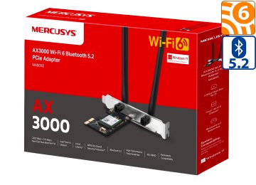 Placa De Red Wifi Bluetooth Pci-E Mercusys Ma80xe 2 En 1 Ax3000 Wifi 6 Dual Band 574mbps 2.4ghz 2402mbps Bluetooth 5.3 Mu-Mimo Baja Latencia