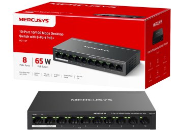 Switch De Red 10 Puertos Mercusys Tl-Ms110p 100mbps 8 Puertos Poe Hasta 250mts Max 30w Por Puerto O 65w En Total Todos Los Puertos