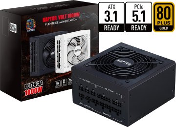 Fuente Raptor Volt 1000w 80 Plus Gold Full Modular +12v 74a Atx 3.1 Pci-e 5.1 1x24pines 2x8pinescpu(4+4) 2x8pinespcie(6+2) 1x16pinespcie 4xsata 2xmolex Negra