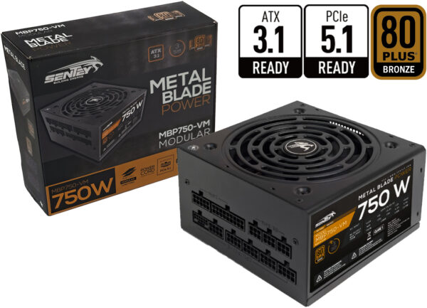 Fuente Sentey 750w Mbp750-vm 80 Plus Bronze Full Modular Atx 3.1 Pci-e 5.1 +12v 62a 1x24pines 1x8pinescpu(4+4) 4x8pinespcie(6+2) 1x16pinespcie5 5xsata 2xmolex 1xfloppy Negra