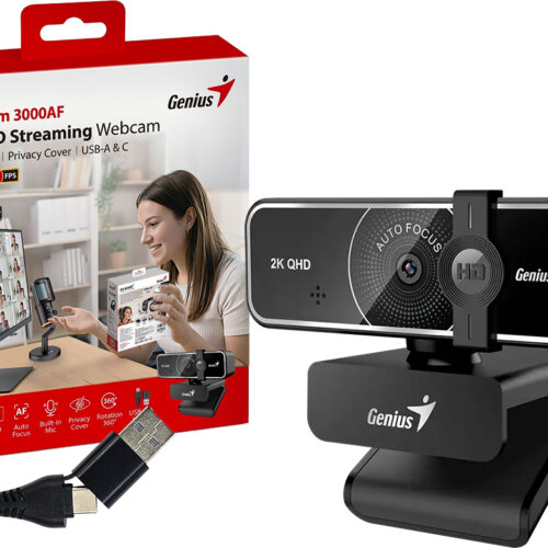 Webcam Genius Facecam 3000AF 2K 2560X1440 4MPX 60FPS Con Tapa Autofoco Microfono 75 Grados De Angulo De Vision Cable 1.5MTS USB Dual USB Y USB Tipo C