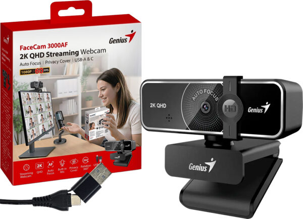 Webcam Genius Facecam 3000af 2k 2560x1440 4mpx 60fps Con Tapa Autofoco Microfono 75 Grados De Angulo De Vision Cable 1.5mts Usb Dual Usb Y Usb Tipo C