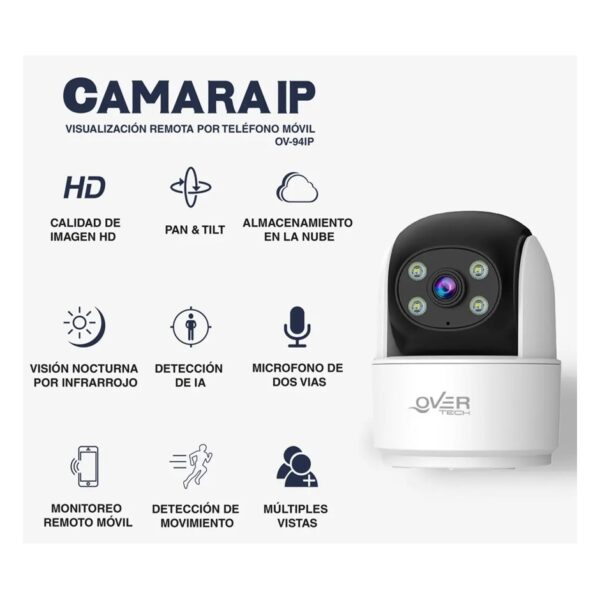 Camara Wifi Interioir Domo Ptz Overtech OV-94IP 2MP Full Hd 1080p Infrarrojo 360º Audio Dual