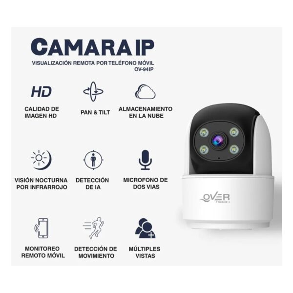 Camara Wifi Interioir Domo Ptz Overtech OV-94IP 2MP Full Hd 1080p Infrarrojo 360º Audio Dual