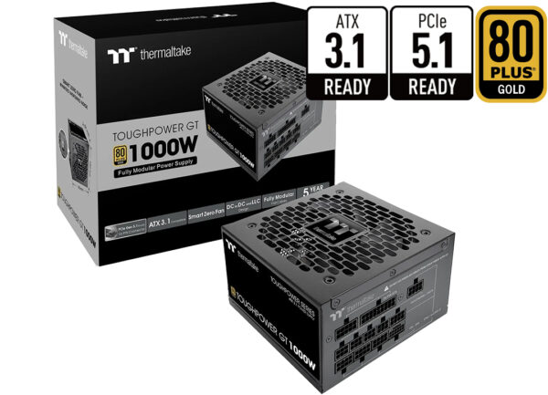 ddr-tp-21818 Fuente Thermaltake Toughpower Gt 1000w Pcie5 80 Plus Gold Atx 3.1 Pcie 5.1 Full Modular +12v 83.3a 1x24pines 2x8pinescpu(4+4) 1x16pin(12vhpwr) 5x8pinespcie(6+2) 5xsata 4xmolex Negra