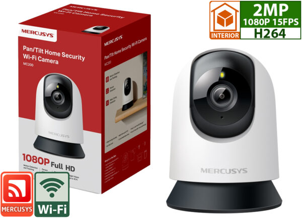 Camara Ip Mercusys Mc200 1920x1080 Fhd 2mp H264 Wifi Vision Nocturna 360 Grados Control Ptz Deteccion Movimiento Personas Llanto Bebe Soporta Microsd Hasta 512gb Sirena 88db - Interior - App Mercusys
