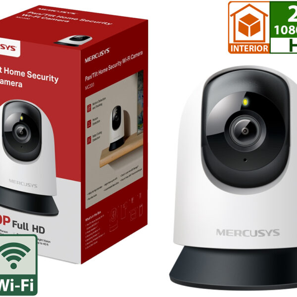 Camara Ip Mercusys Mc200 1920x1080 Fhd 2mp H264 Wifi Vision Nocturna 360 Grados Control Ptz Deteccion Movimiento Personas Llanto Bebe Soporta Microsd Hasta 512gb Sirena 88db - Interior - App Mercusys