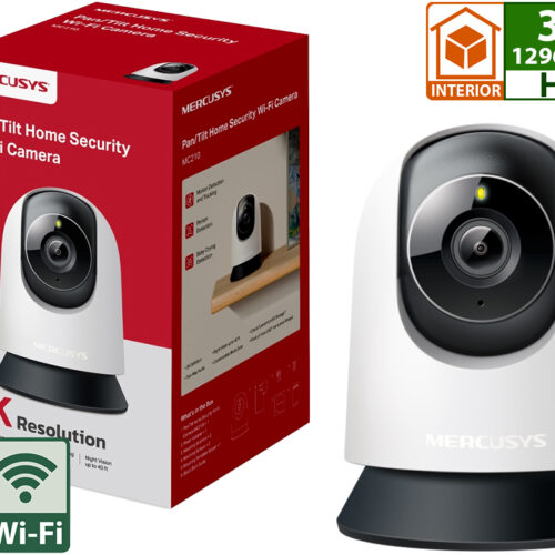 Camara IP Mercusys MC210 2K 2304X1296 3MP H264 WIFI Vision Nocturna 360 Grados Control Ptz Deteccion Movimiento Personas Llanto Bebe Soporta Microsd Hasta 512GB Sirena 88DB - Interior - App Mercusys