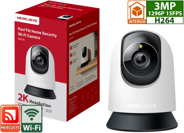 Camara Ip Mercusys Mc210 2k 2304x1296 3mp H264 Wifi Vision Nocturna 360 Grados Control Ptz Deteccion Movimiento Personas Llanto Bebe Soporta Microsd Hasta 512gb Sirena 88db - Interior - App Mercusys