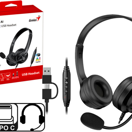 Auricular Vincha Genius HS-235U Cable 2.4MTS 2 En 1 Conector USB Tipo C Con Adaptador A USB Con Microfono Control De Volumen Play Y Mute De Microfono Negro