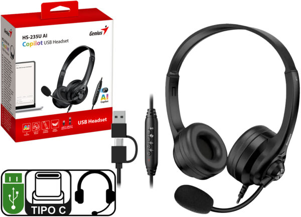 Auricular Vincha Genius Hs-235u Cable 2.4mts 2 En 1 Conector Usb Tipo C Con Adaptador A Usb Con Microfono Control De Volumen Play Y Mute De Microfono Negro