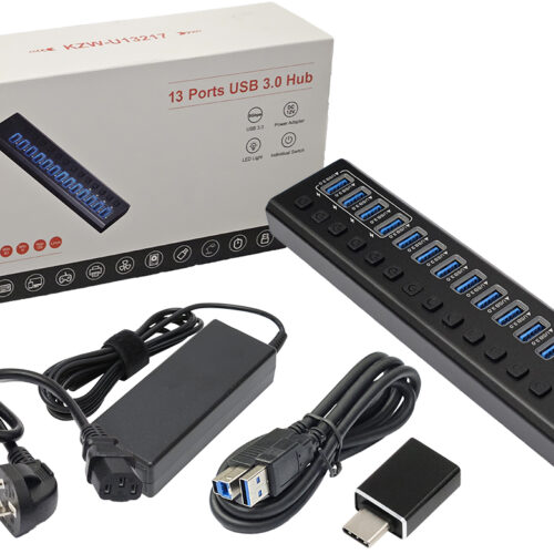 Hub USB 13 Puertos USB H 3.0 Activo Metalico Con Trafo Externo 12V 6A 5.5X2.5MM Patas Rectas Incluye Adaptador USB A USB Tipo C