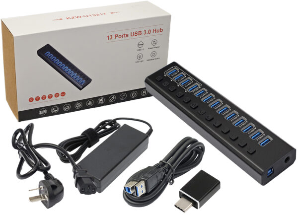 Hub Usb 13 Puertos Usb H 3.0 Activo Metalico Con Trafo Externo 12v 6a 5.5x2.5mm Patas Rectas Incluye Adaptador Usb A Usb Tipo C