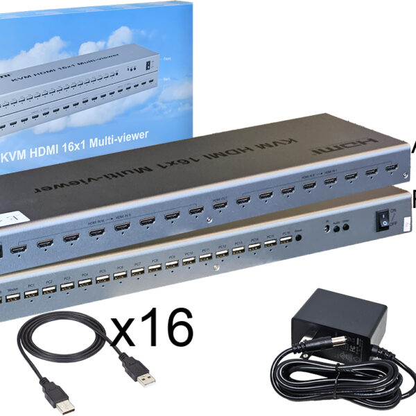 Kvm Switch Hdmi 16 Puertos Conecta 16 Dispositivos A 1 Solo Monitor Tcl Ms - Incluye Control Remoto Cables Usb Tipo C Y Trafo 12v 2a Patas Rectas