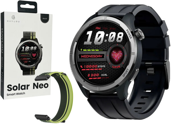 Smartwatch Haylou Solar Neo Sensor Cardiaco Presion Sueno Sp02 Ip68 127 Modos Deportivos Contesta Llamadas 300mah Bluetooth 5.3 Pantalla 1.53 Pulgadas Negro Incluye 2 Pulseras Mallas Negra Y Verde