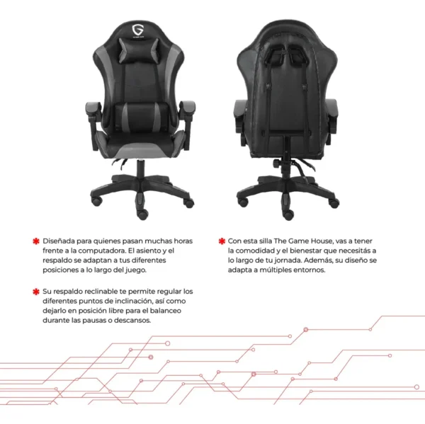 D_NQ_NP_2X_654721-MLA112990637461_062026-F.webp Silla Gamer Ergonómica The Game House D395 con Respaldo Reclinable y Altura Ajustable, Gris