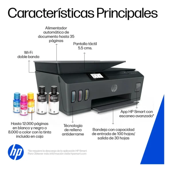 Impresora Multifuncional HP Smart Tank 530 Sistema Continuo Color Wi-Fi ADF