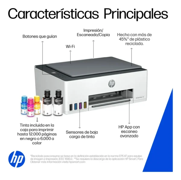 Impresora Multifuncional HP Smart Tank 580 Sistema Continuo a Color Wi-Fi 1F3Y2A