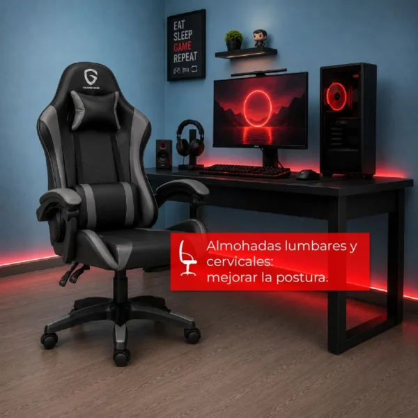 D_NQ_NP_2X_774796-MLA111875964520_062026-F.webp Silla Gamer Ergonómica The Game House D395 con Respaldo Reclinable y Altura Ajustable, Gris