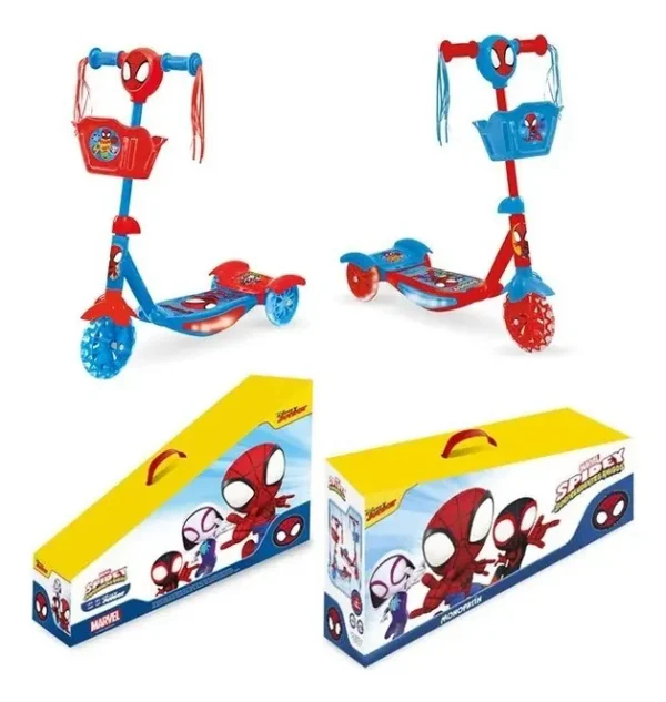Base Xtreme Monopatin Infantil 3 Ruedas Con Luces Musica Y Canasto Color Rojo Spiderman