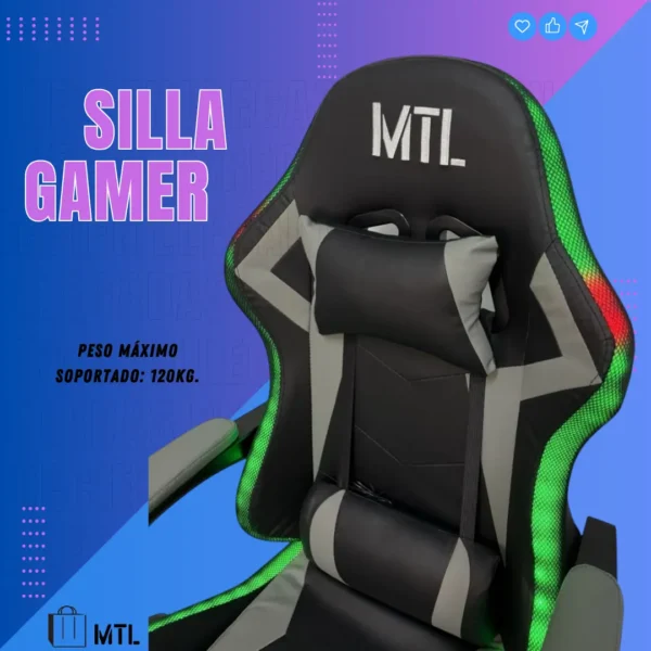 D_NQ_NP_2X_810830-MLA88164400726_072025-F.webp Silla Gamer Gris Mtl Ergonomica Masajeadora Con Luz Led Material del tapizado Cuero sintético