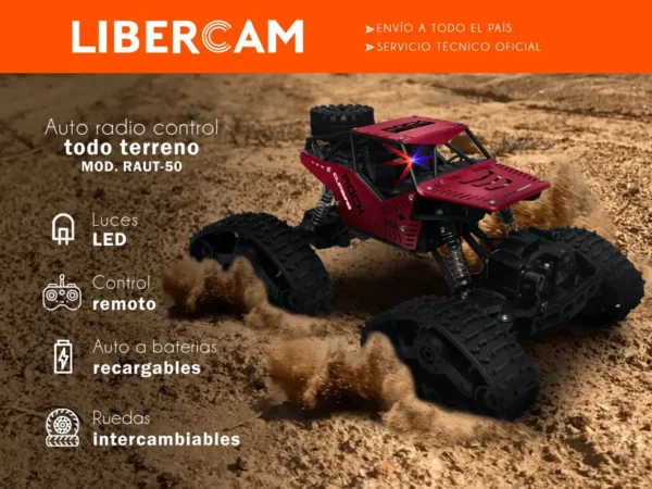 Auto A Radio Control Remoto Libercam RAUT-50 Todo Terreno 4x4 Ruedas Intercambiables Luz Led Bateria Recargable