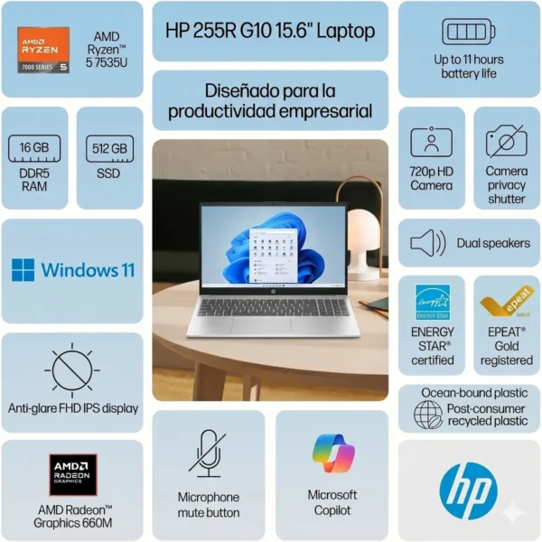 Notebook Hp 255r G10 Amd Ryzen 5 7535u 16gb Ram 512gb Ssd 15.6 Full Hd Gráficos Integrados Radeon 660m Windows 11 Home Plata