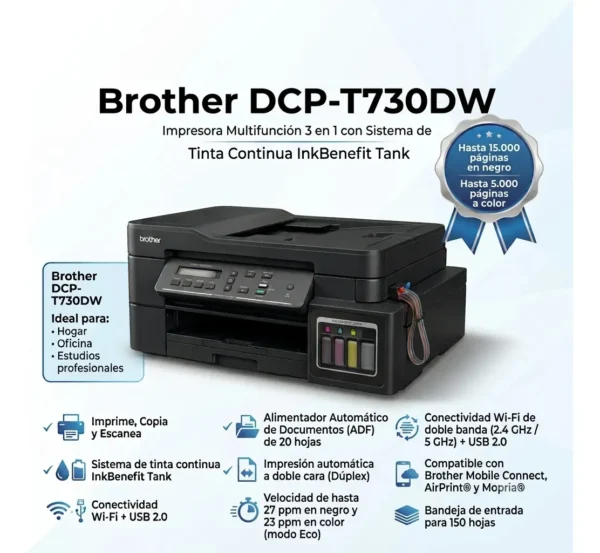 Impresora Brother Inkbenefit Tank Dcp-t730dw Color Multifuncion