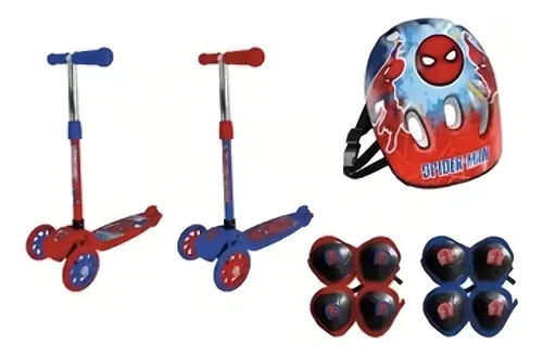 Monopatin spiderman plegable + kit casco y protecciones color azul