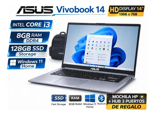 Notebook ASUS VivoBook 14" Intel Core i3-1115G4 8GB DDR4 RAM 128GB SSD NVMe Pantalla Full HD Windows 11 Home Ultradelgada + Bolso