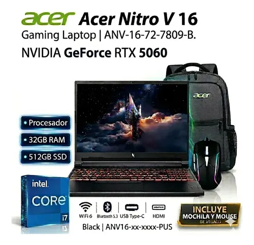 Notebook Acer Nitro V 16 Gaming con Intel Core i7, RTX 5060, 32GB RAM y Mochila