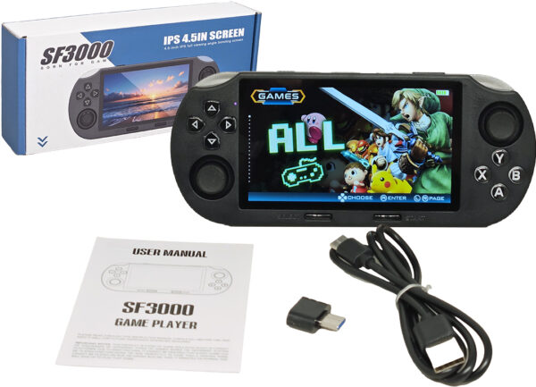 Consola Juegos SF3000 64GB 21597 Juegos Mame PS1 Fc Sfc Md Gb Bgc Gba Pce Atari Sms Gg Ngpc Wsc Bateria 3000MAH Incluye Cable USB Tipo C A USB Mas Adaptador USB C 4.5 Pulgadas