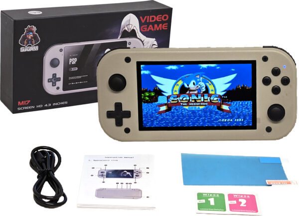 Consola Juegos M17 64GB 20830 Juegos Psp Arcade Neo Mame Atari Nes Gameboy Nes Snes N64 Gmc Gma Sega PS1 Bateria 2000MAH 4.3 Pulgadas 480X272 Ips Incluye Cable USB Tipo C Y Film Para Pantalla