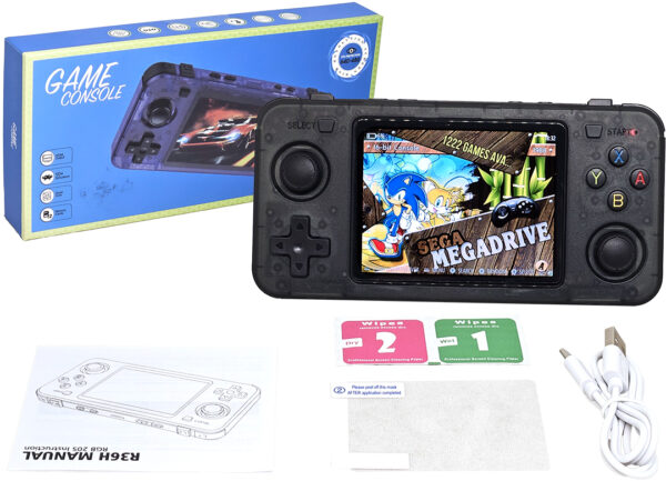 Consola Juegos R36H 64GB 12222 Juegos Psp DC Ss PS1 Nds N64 CPS1 CPS2 CPS3 Fba Neogeo Bga Gbc Gb Sfc Fc Md Bateria 3000MAH Sistema Arkos 2.0 640X480 Ips 3.5 Pulgadas Incluye Cable USB Tipo C Para Carg