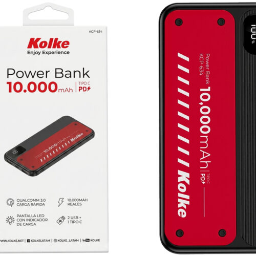 Bateria Externa Powerbank Kolke KCP-634 10000MAH 2XUSB 1XUSBTIPOC 5V 9V 12V Carga Rapida Indicador De Carga Negro