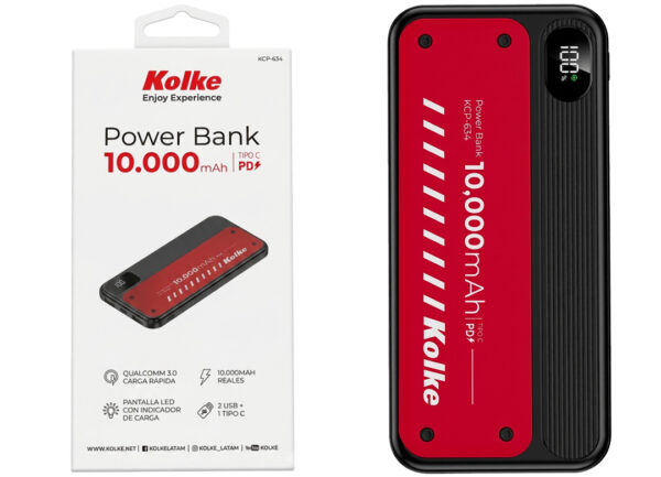 Bateria Externa Powerbank Kolke Kcp-634 10000mah 2xusb 1xusbtipoc 5v 9v 12v Carga Rapida Indicador De Carga Negro