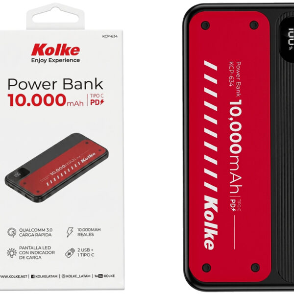 Bateria Externa Powerbank Kolke Kcp-634 10000mah 2xusb 1xusbtipoc 5v 9v 12v Carga Rapida Indicador De Carga Negro