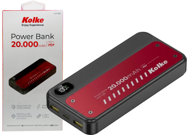 Bateria Externa Powerbank Kolke Kcp-635 20000mah 2xusb 1xusbtipoc 5v 9v 12v Carga Rapida Indicador De Carga Negro