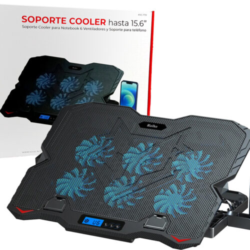 Base Para Notebook Kolke KVC-770 6 Ventiladores 2400 A 3200RPM Control De Ventilacion Inclinacion 16 A 32 Grados Soporte Para Celular 36X27X3.2CM Incluye Cable USB 0.50CM