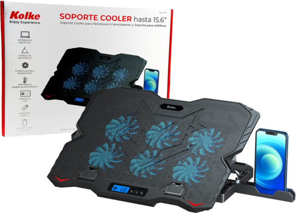 Base Para Notebook Kolke Kvc-770 6 Ventiladores 2400 A 3200rpm Control De Ventilacion Inclinacion 16 A 32 Grados Soporte Para Celular 36x27x3.2cm Incluye Cable Usb 0.50cm