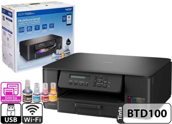 Impresora Brother T530DW Multifuncion WIFI Dual Band Sistema Continuo Impresion Doble Faz Utiliza Tinta BTD100 Incluida Incluye Cable De Alimentacion Y Cable USB