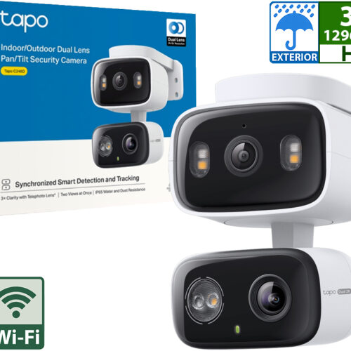 Camara IP TP-LINK Tapo C246D Doble Lente 2K+2K 3MP 2304X1296 IP65 2.4GHZ Sirena 99DB Deteccion Ai Movimiento Personas Vision Nocturna Color App Tapo Mascotas Microsd Hasta 512GB - Exterior