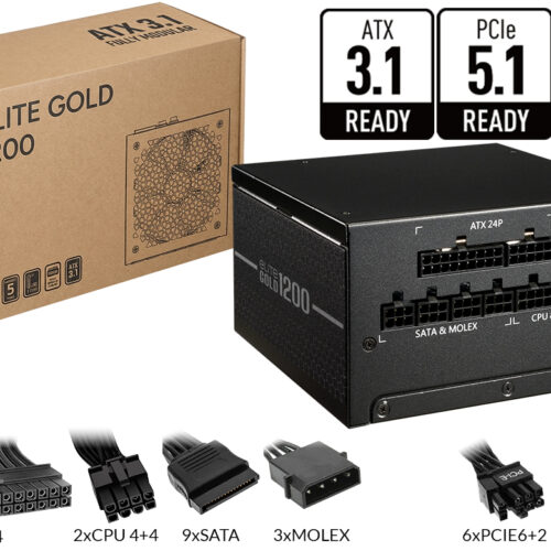 Fuente Cooler Master Elite Gold 1200W ATX3.1 PCIE5.1 1X24PINES(ATX) 2X4+4PINES(CPU) 9XSATA 6XPCIE(6+2) 1XPCIE5(12+4) Modular 80 Plus Gold