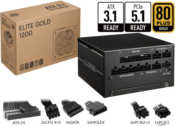 Fuente Cooler Master Elite Gold 1200w Atx3.1 Pcie5.1 1x24pines(atx) 2x4+4pines(cpu) 9xsata 6xpcie(6+2) 1xpcie5(12+4) Modular 80 Plus Gold