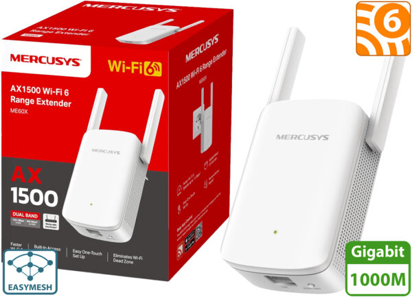Repetidor Amplificador Mercusys ME60X AX1500 WIFI 6 2.4GHZ 300MBPS 5GHZ 1201MBPS 1XRJ45 Dual Band Gigabit 1000MBPS Easy Mesh