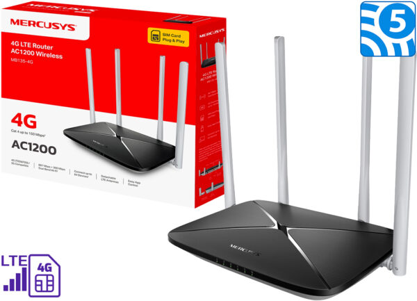 Modem Router WIFI Mercusys MB135-4G AC1200 4G Lte Dual Band 2.4GHZ 300MBPS 5GHZ 867MBPS 1XLAN/WAN 3XLAN 1XNANO Sim Maximo 150MBPS De Bajada 50MBPS De Subida Compatible Con FDD-LTE TDD-LTE HSPA+/UMTS